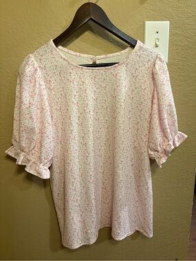 Source Unknown Pink Micro-Print Puff Sleeve Blouse